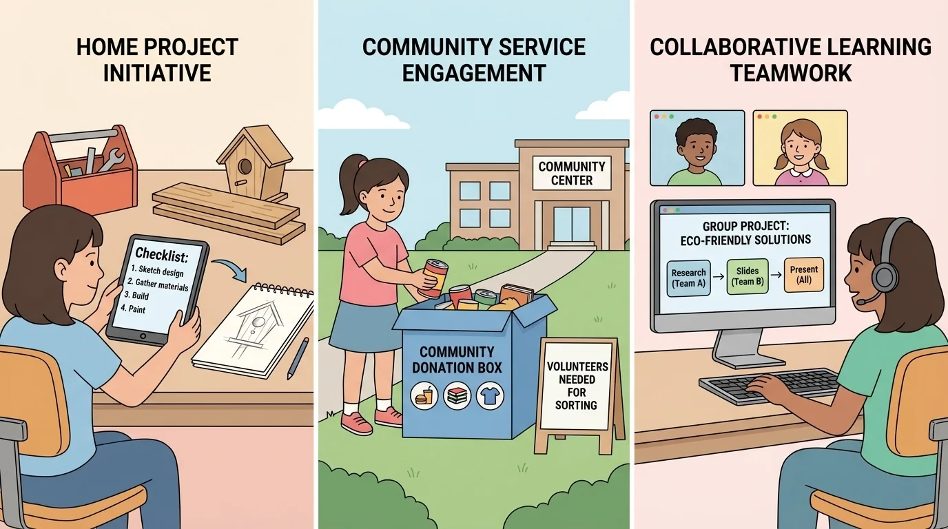 one child doing a home project checklist, helping with a community donation box, and joining an online team call with shared tasks