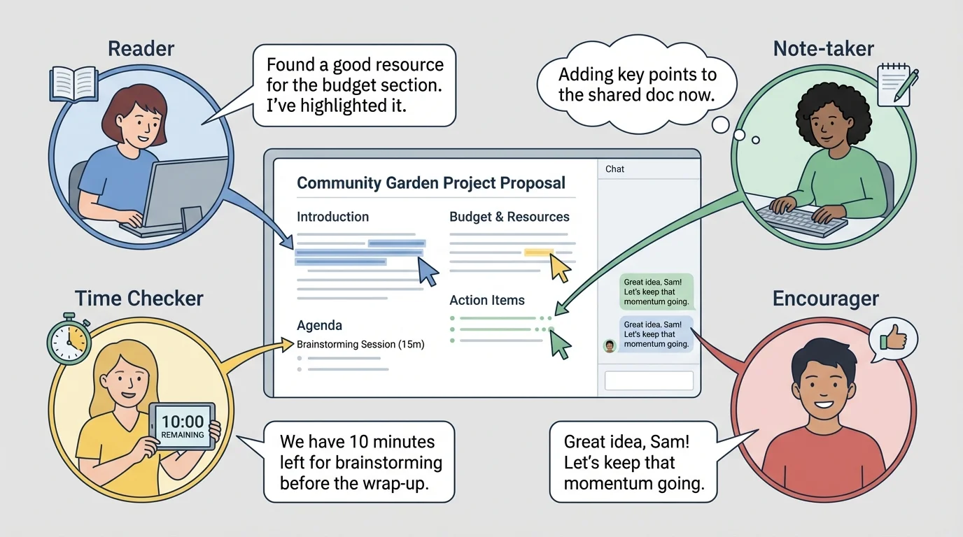 small online group call with students labeled reader, note-taker, time checker, encourager, all working on one shared task