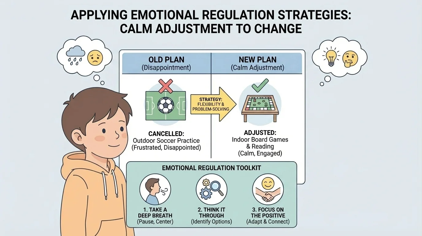 Child comparing an old plan and a new plan in a simple two-column chart after a schedule change, showing a calm adjustment
