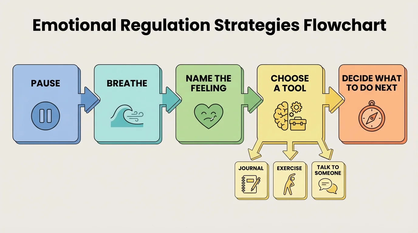 Flowchart with boxes and arrows labeled pause, breathe, name the feeling, choose a tool, decide what to do next
