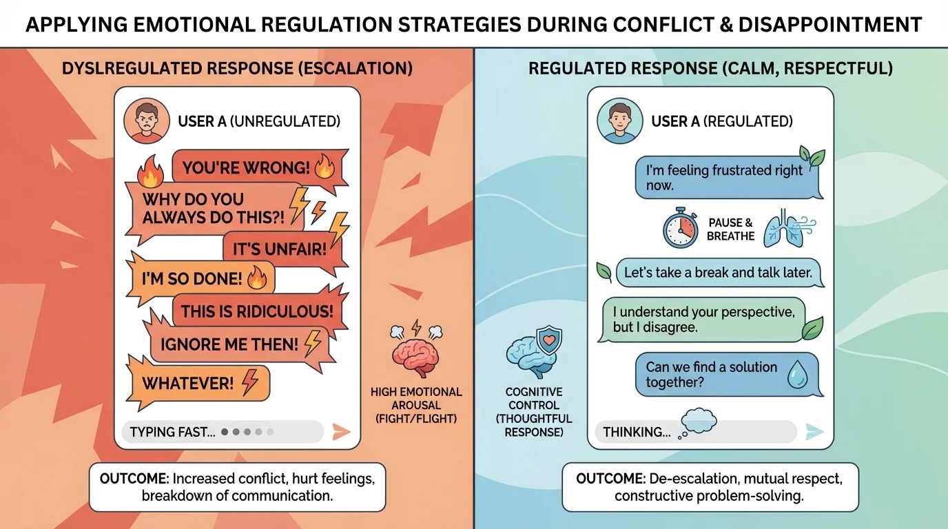 Split-screen online chat conflict, left side showing fast angry replies and escalating messages, right side showing calm respectful replies and a pause before responding