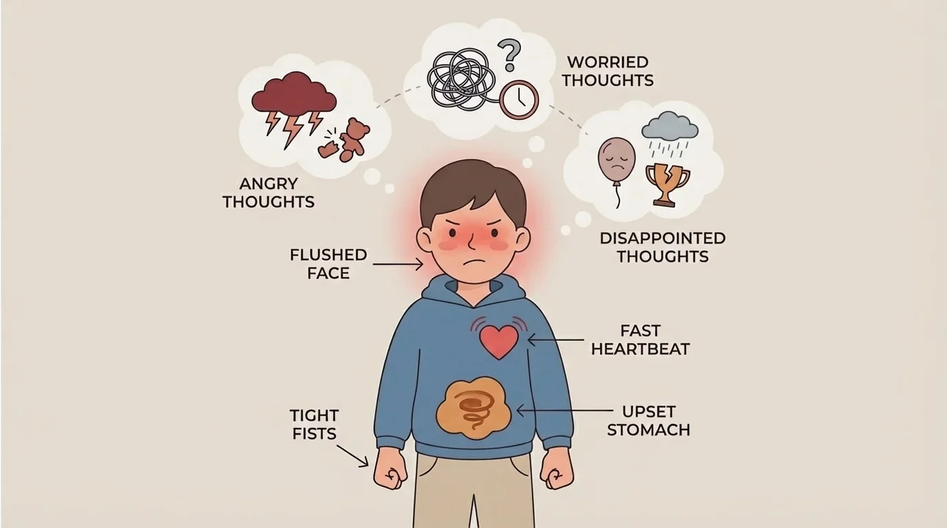 Child with labeled body clues like tight fists, fast heartbeat, upset stomach, flushed face, and thought bubbles showing angry, worried, and disappointed thoughts