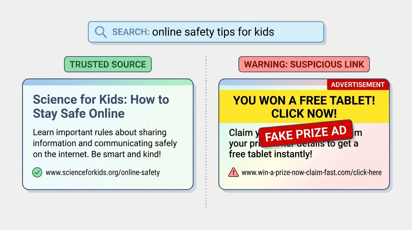 Search results page showing one trustworthy kids information site and one flashy fake prize ad with warning labels for ad, suspicious link, and trusted source