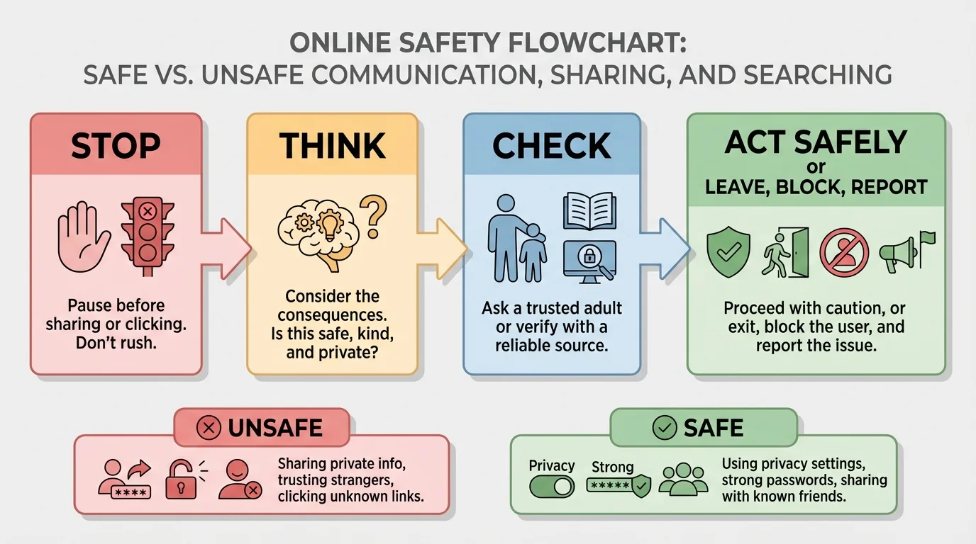 Four-step online safety flowchart with boxes labeled Stop, Think, Check trusted adult or trusted source, and Act safely or leave, block, report