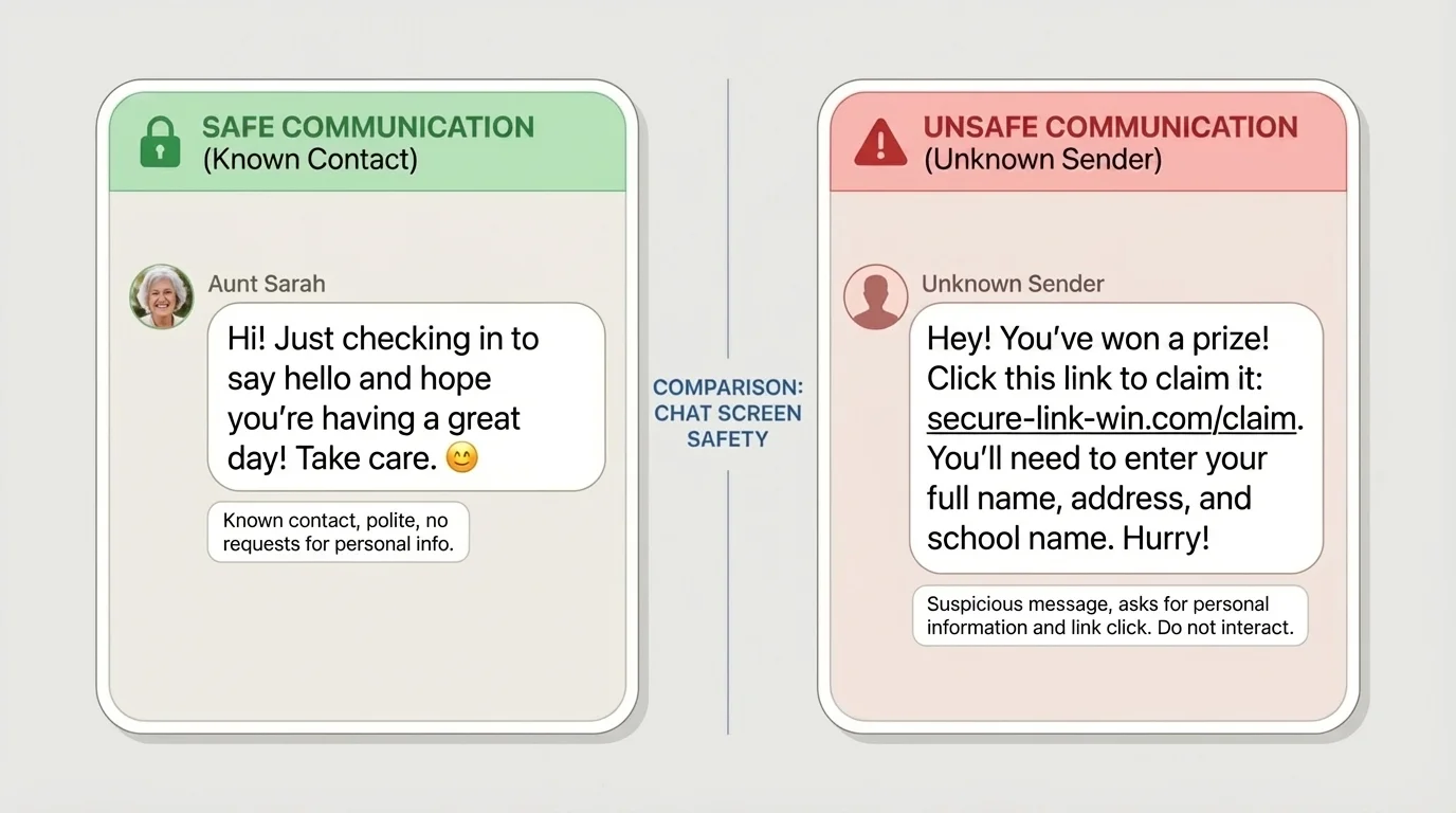 Chat screen comparison with one safe polite message from a known contact and one unsafe suspicious message asking for personal information and a link