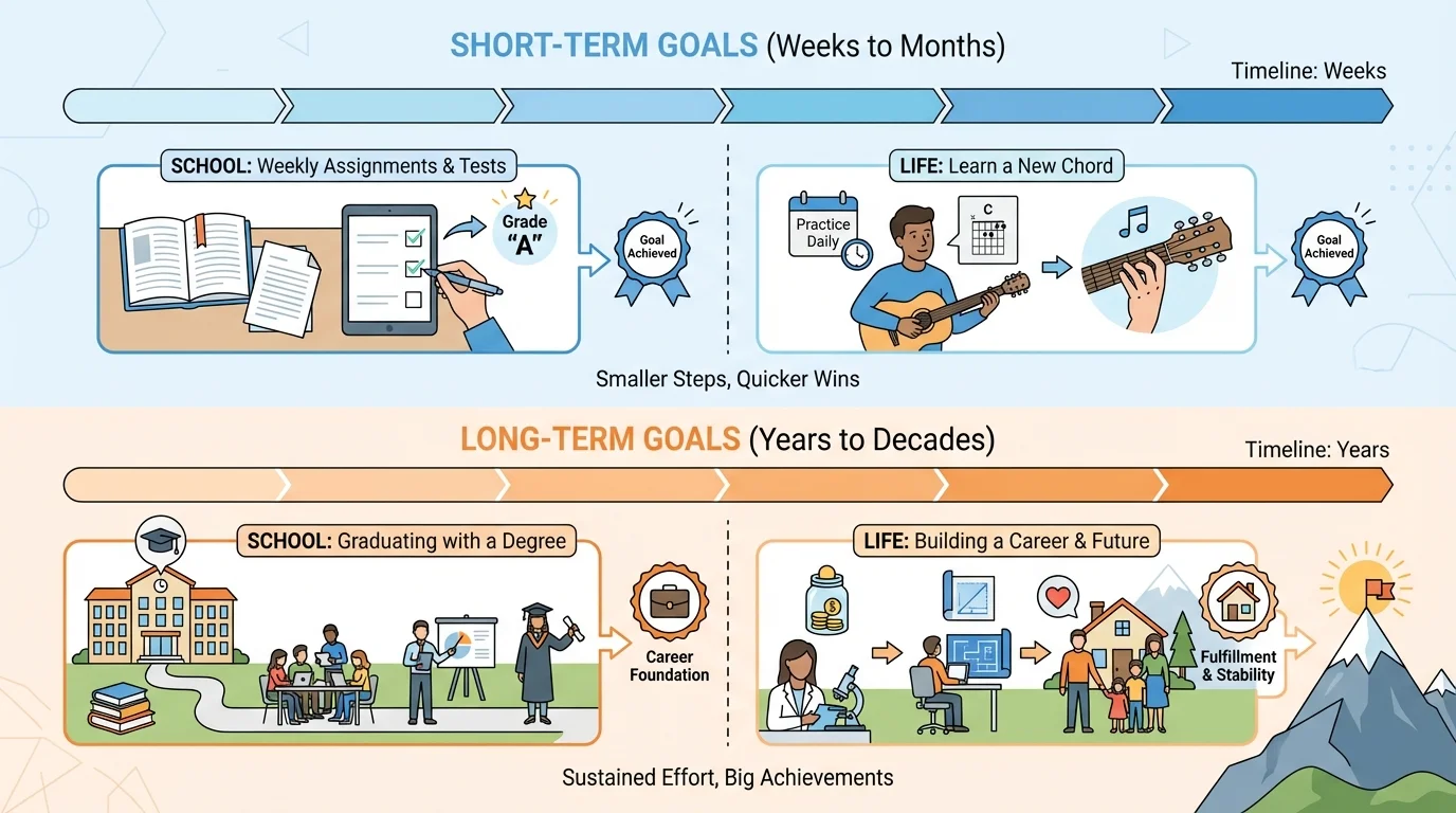 chart showing a short timeline for a weekly goal and a longer timeline for a yearly goal, with school examples like finishing assignments and life examples like learning a skill