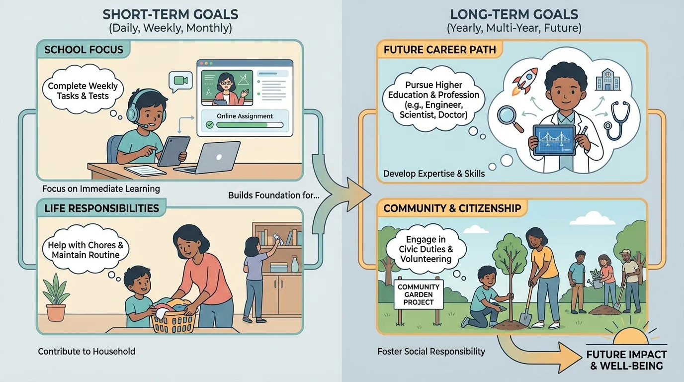 illustration of a child using online school at home, helping family with a chore, participating in a community activity, and imagining a future career path