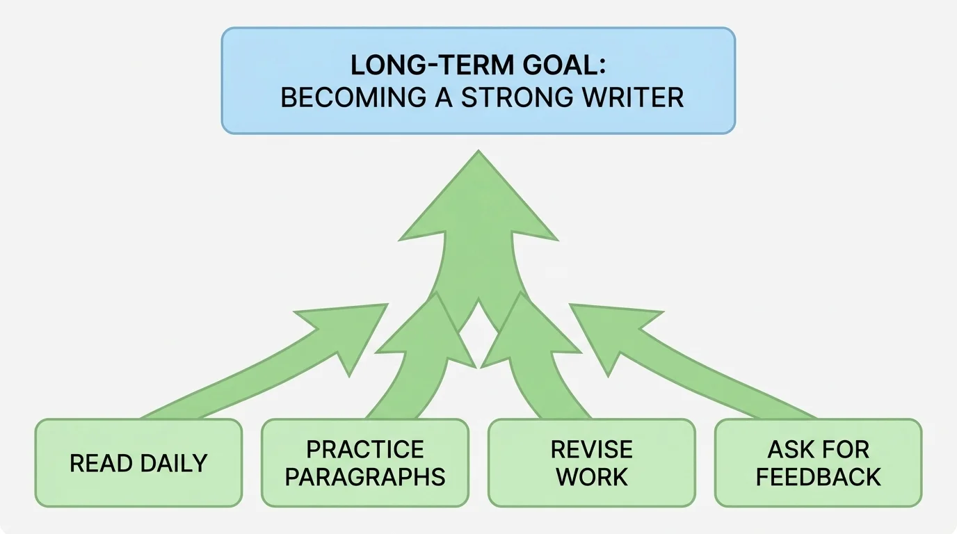 flowchart showing one long-term goal at the top, such as becoming a strong writer, with short-term steps below like read daily, practice paragraphs, revise work, and ask for feedback