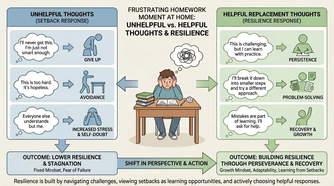chart comparing unhelpful thoughts and helpful replacement thoughts during a frustrating homework moment at home