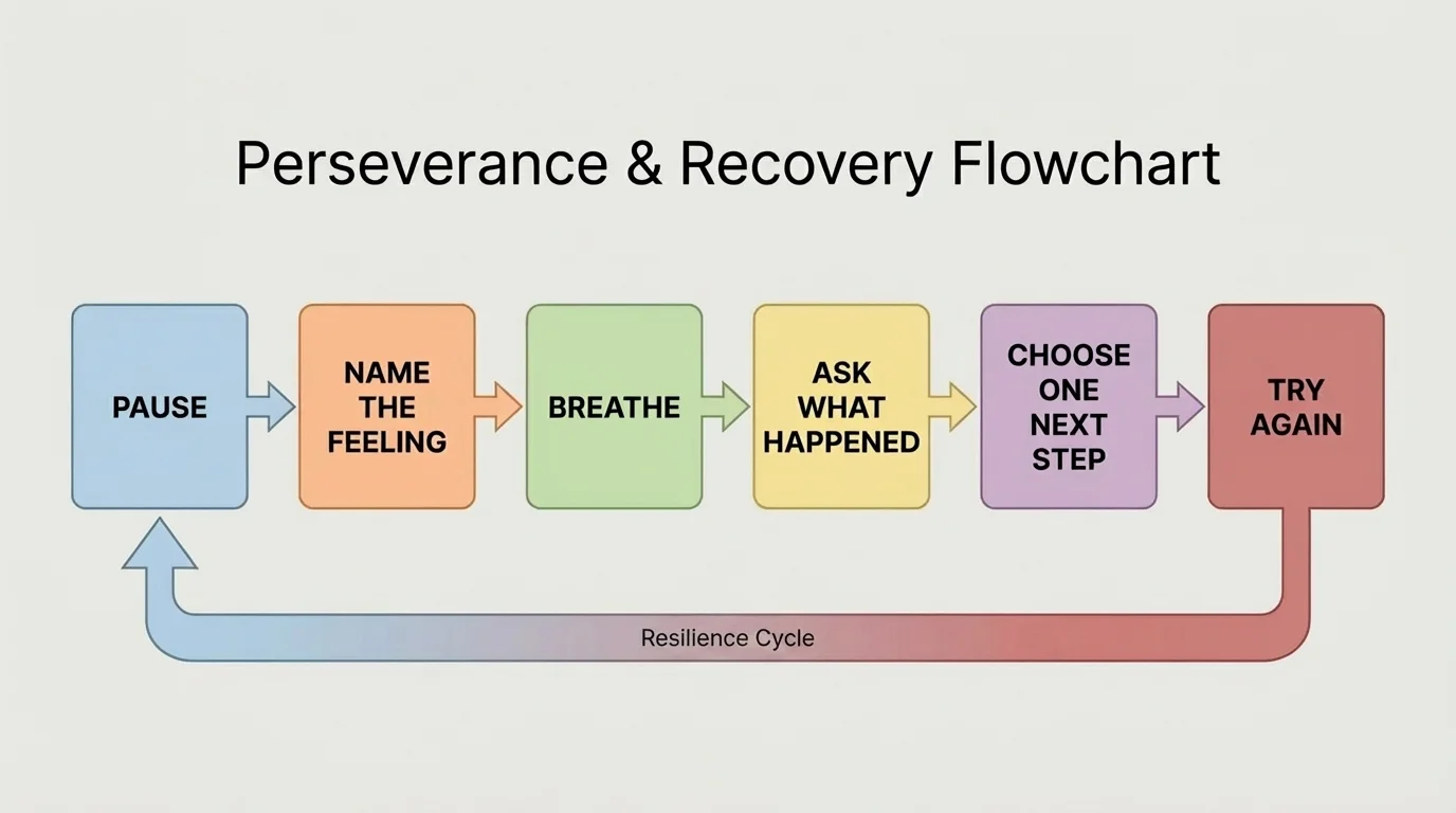 flowchart with six boxes labeled pause, name the feeling, breathe, ask what happened, choose one next step, try again