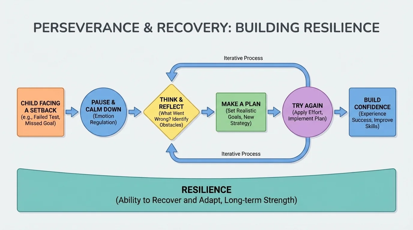 flowchart showing a child facing a setback, pausing to calm down, thinking about what went wrong, making a plan, trying again, and building confidence
