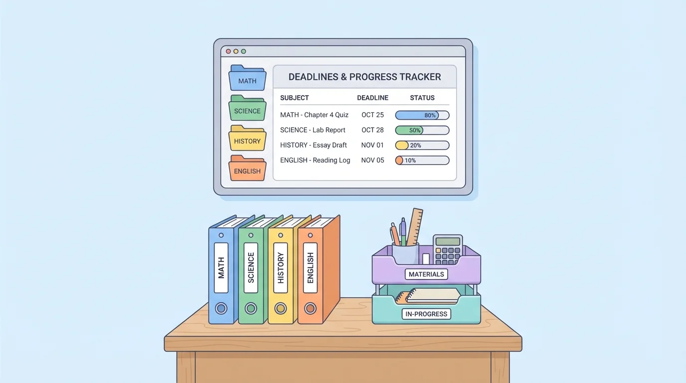 illustration of a computer screen with subject folders and a desk with matching labeled binders and supply trays