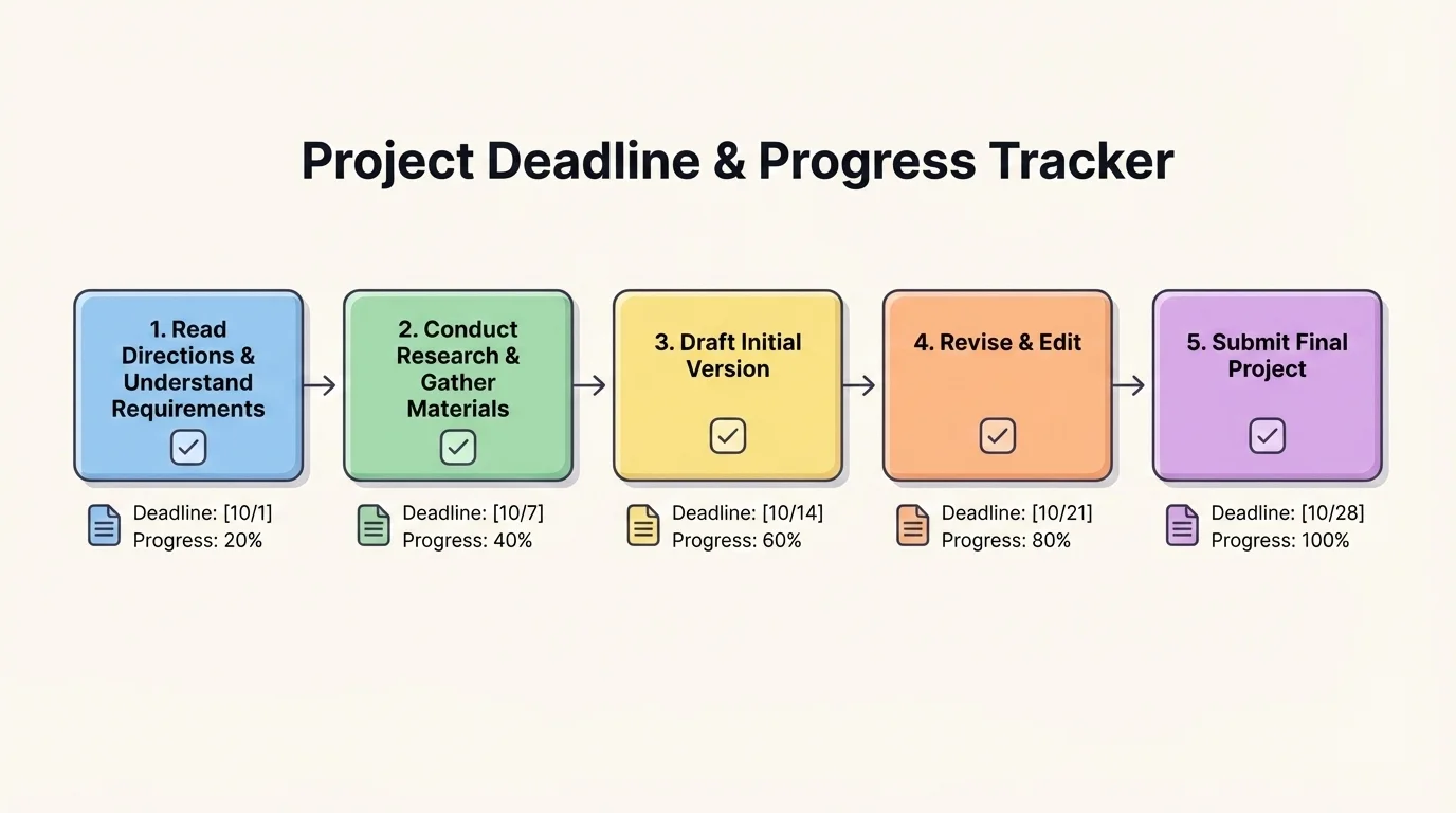 flowchart showing a project broken into steps such as read directions, research, draft, revise, submit, with checkboxes