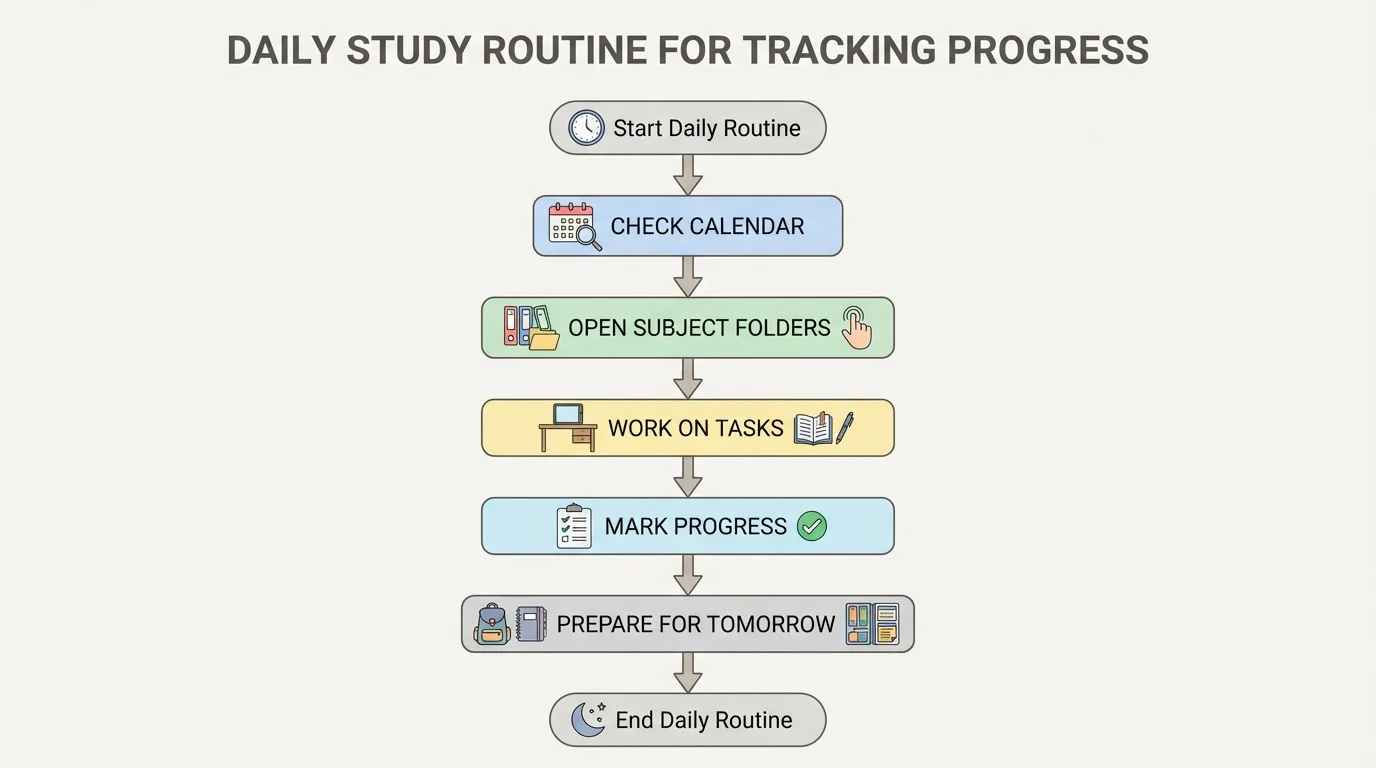 flowchart of a simple daily routine with steps check calendar, open folders, work, mark progress, prepare for tomorrow