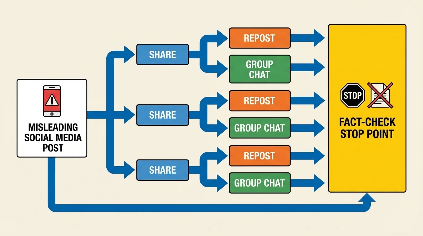 Flowchart showing one misleading social media post being shared by many users, with labels post, share, repost, group chat, and fact-check stop point