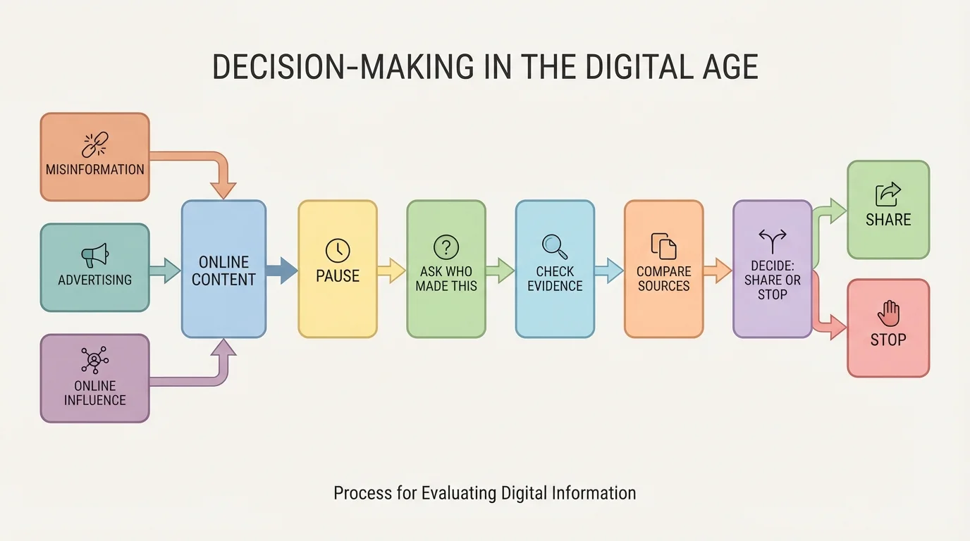 Flowchart with steps pause, ask who made this, check evidence, compare sources, and decide share or stop