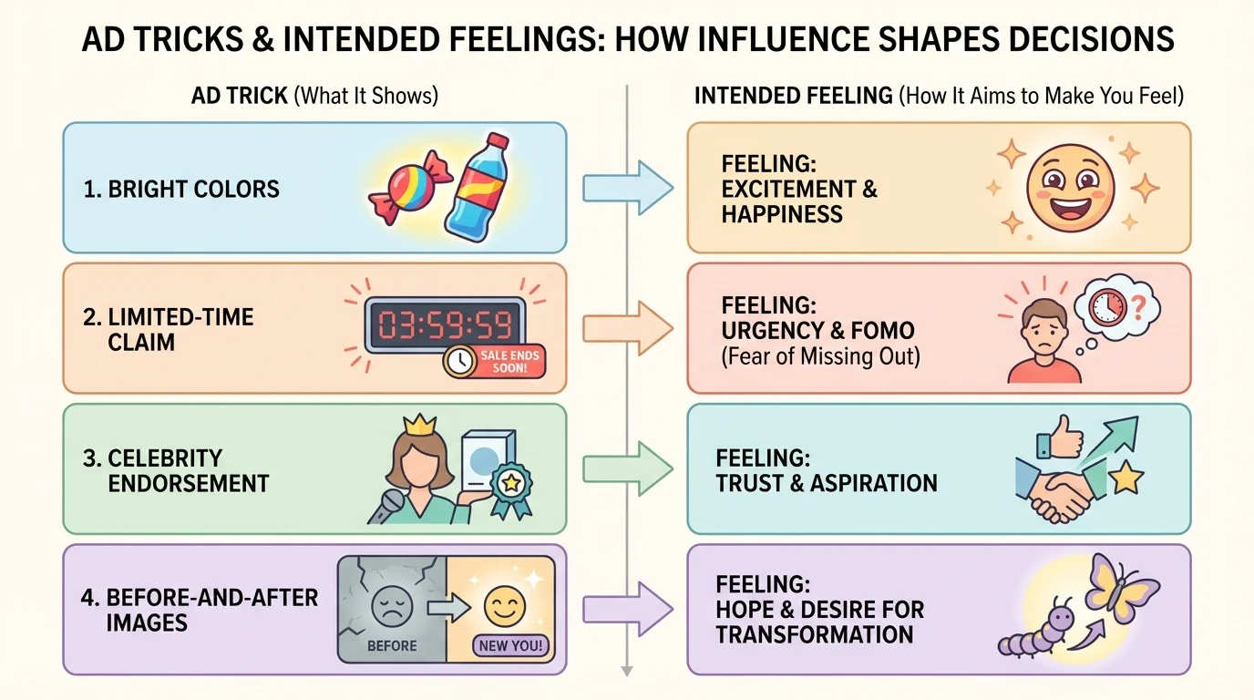Chart comparing ad tricks such as bright colors, limited-time claim, celebrity endorsement, and before-and-after images with the feeling each trick aims to create