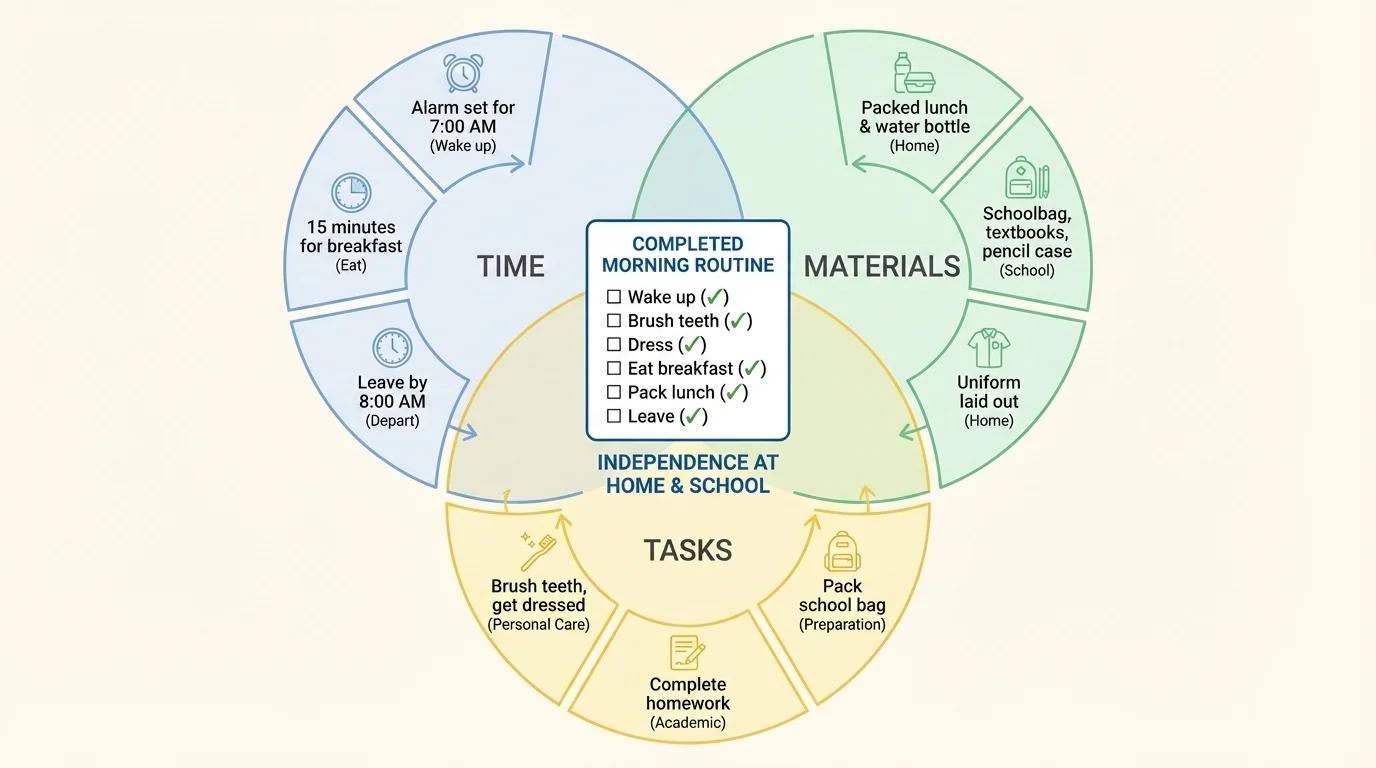 diagram with three connected circles labeled time, materials, and tasks, with examples around each and a completed morning routine in the center