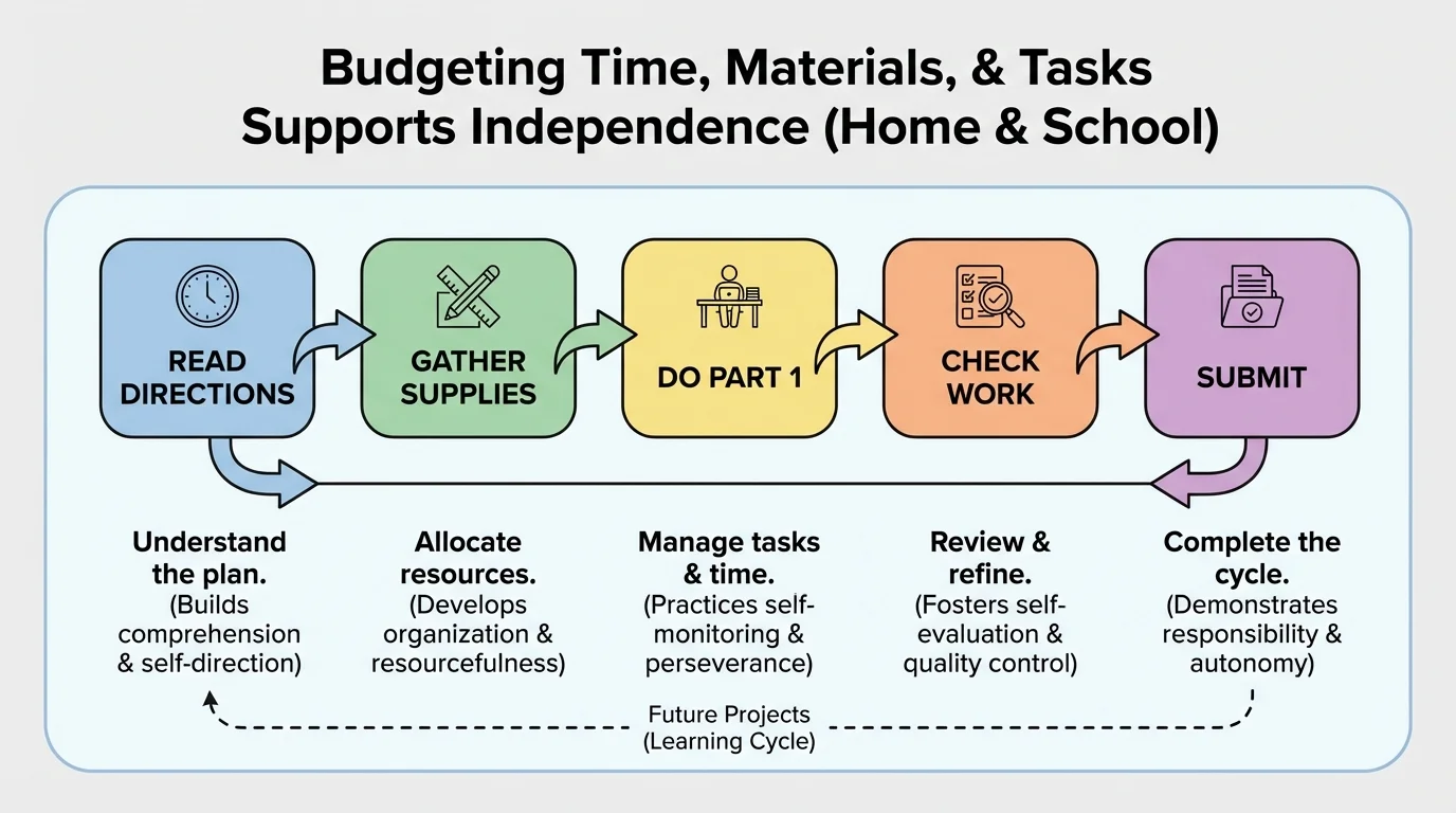 flowchart showing a project broken into steps: read directions, gather supplies, do part 1, check work, submit