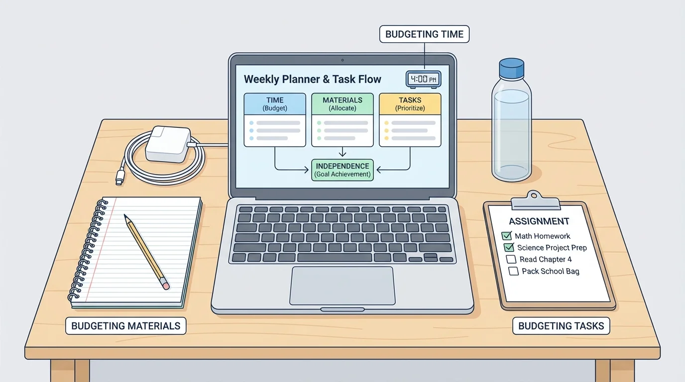 illustration of a desk with laptop, charger, notebook, pencil, water bottle, and assignment checklist arranged neatly