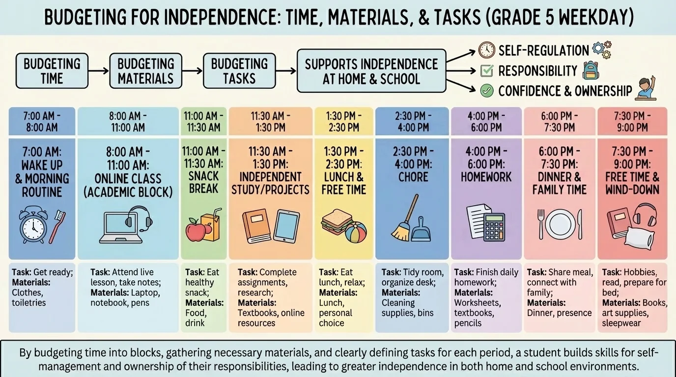 chart of a grade 5 student's weekday schedule with labeled time blocks for online class, snack, chore, homework, and free time