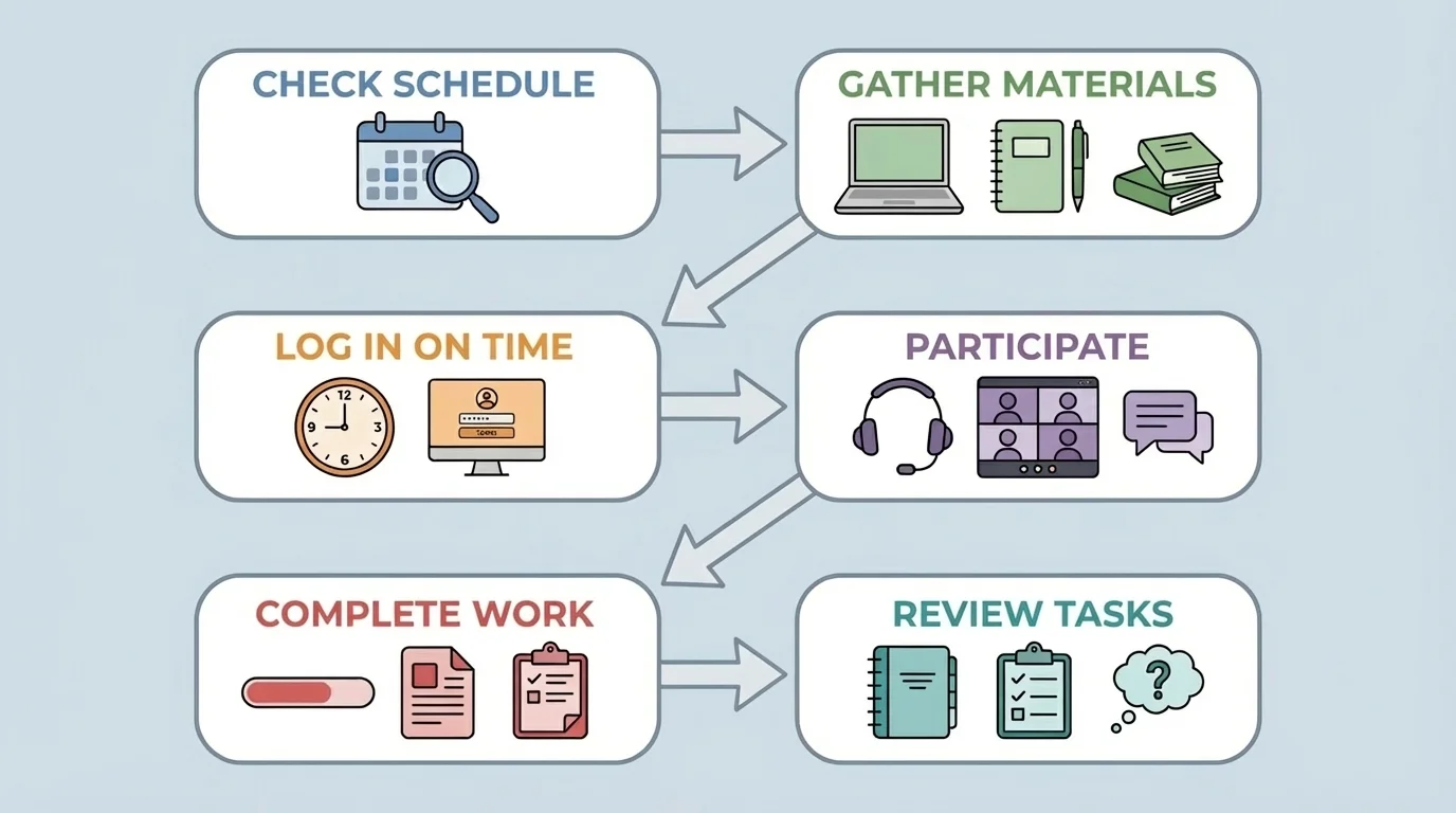 flowchart of an online student's daily routine with steps check schedule, gather materials, log in on time, participate, complete work, review tasks