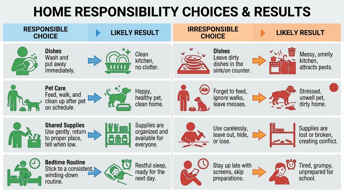 two-column chart comparing responsible and irresponsible home choices with likely results, including dishes, pet care, shared supplies, and bedtime routine