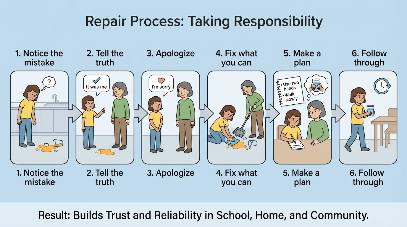 step-by-step repair process after a mistake with boxes notice the mistake, tell the truth, apologize, fix what you can, make a plan, follow through