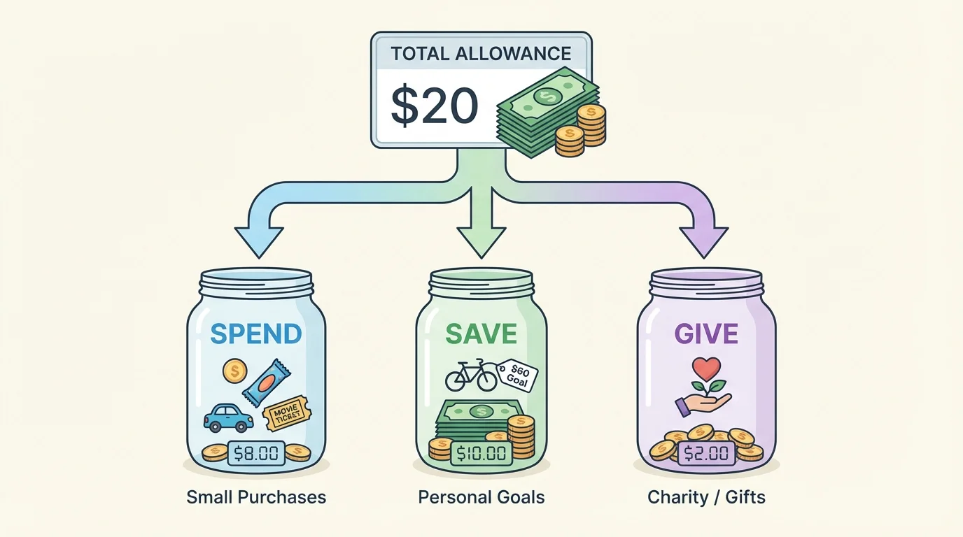 chart showing $20 allowance divided into spend, save, and give jars with simple labels