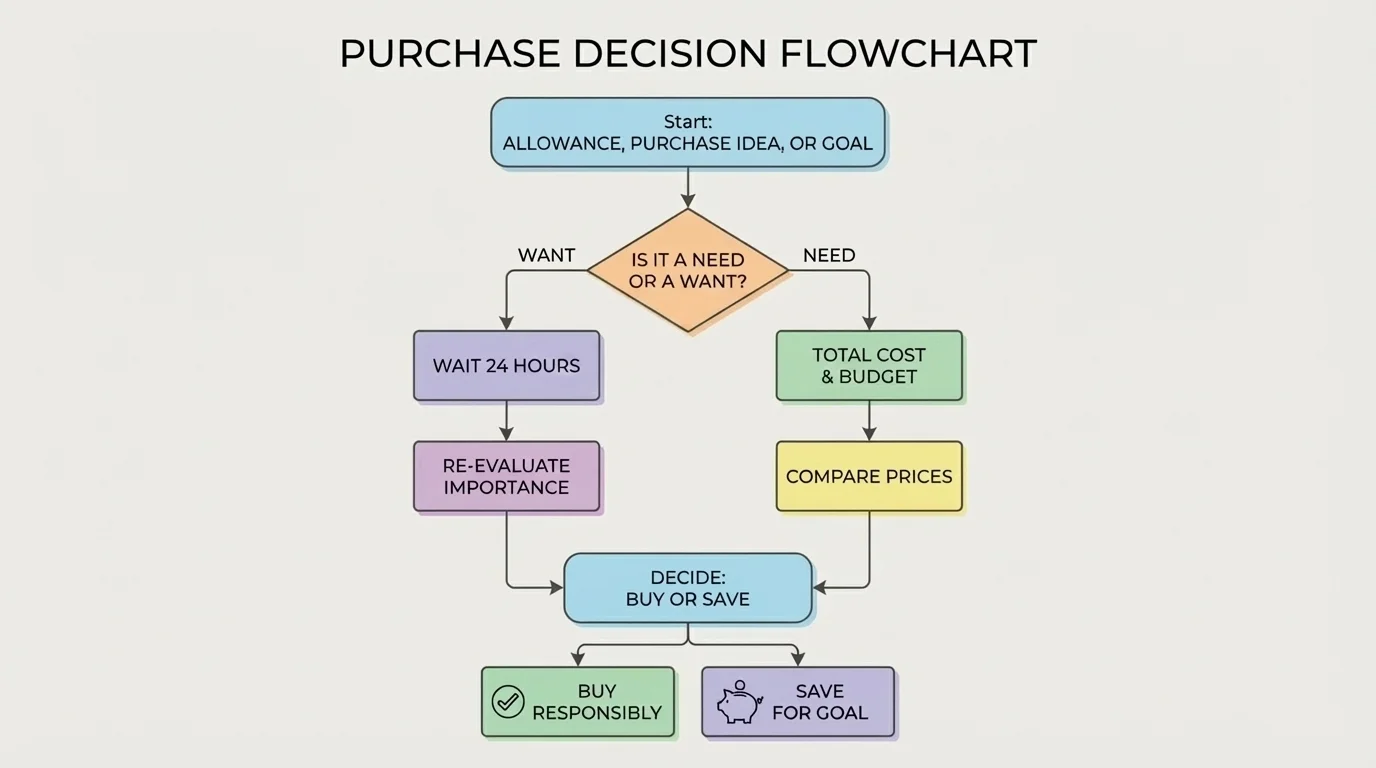 flowchart for purchase decisions with boxes for need or want, total cost, compare prices, wait 24 hours, and decide buy or save