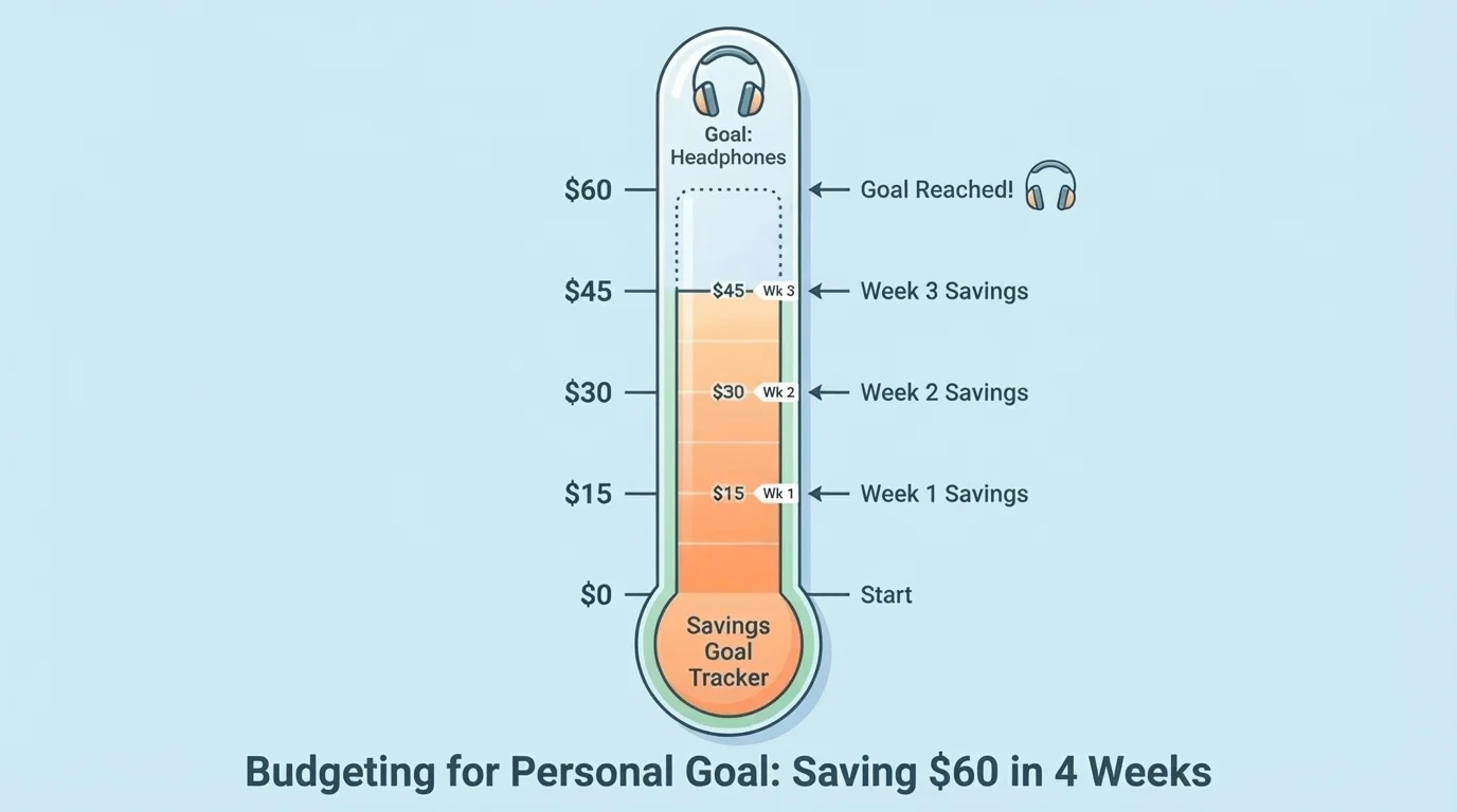 illustration of a goal tracker thermometer or progress bar for saving toward headphones from $0 to $60 in weekly amounts