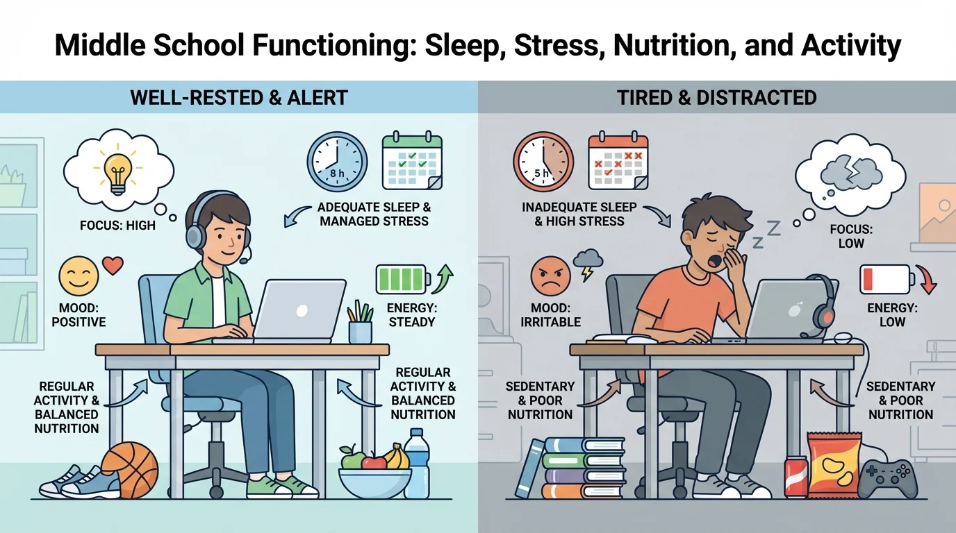 Illustration of two middle school students learning at home online, one well-rested and alert and one tired and distracted, with simple labels for focus, mood, and energy