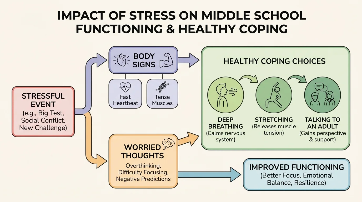 Flowchart showing a stressful event leading to body signs like fast heartbeat and tense muscles, worried thoughts, and healthy coping choices such as deep breathing, stretching, and talking to an adult