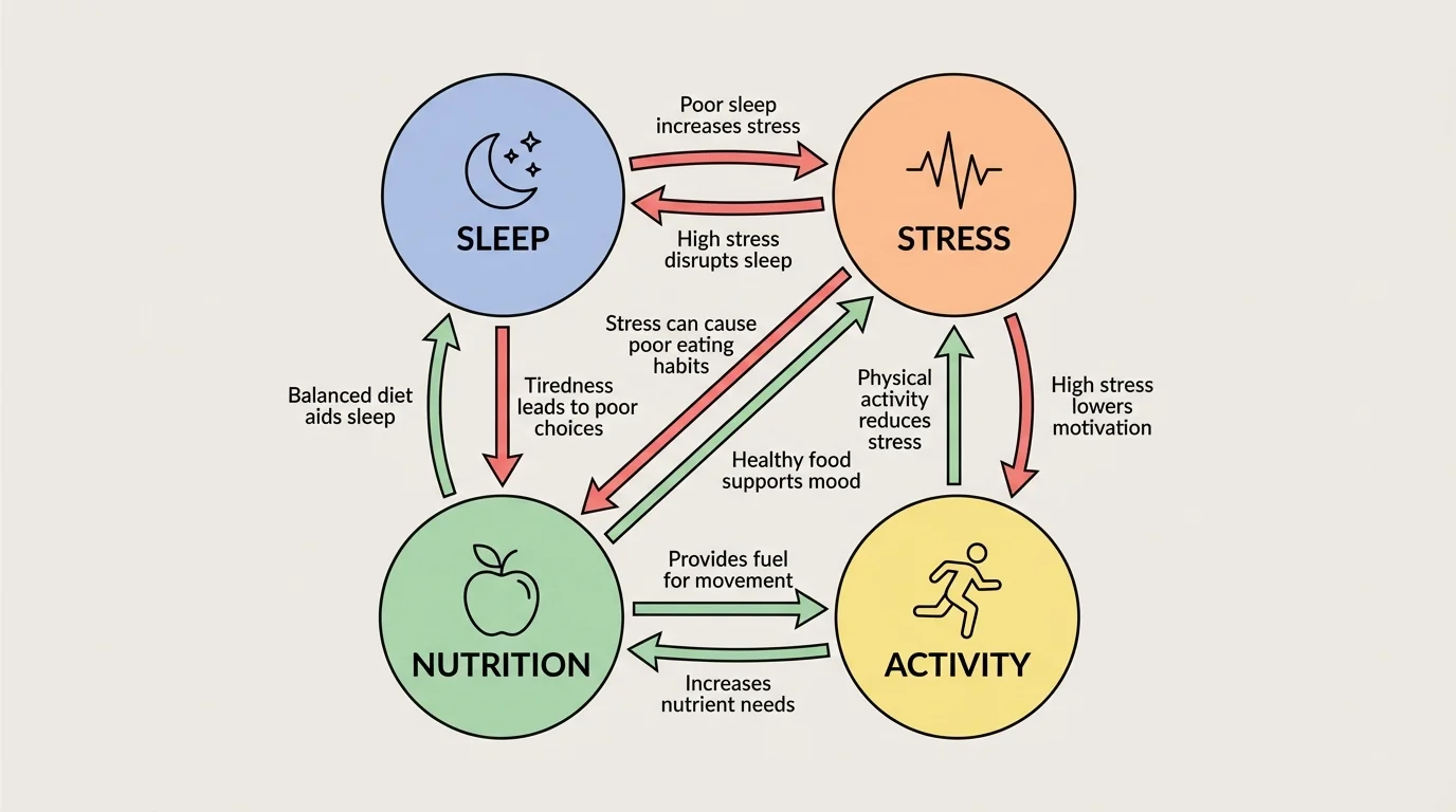 Diagram of four connected circles labeled sleep, stress, nutrition, and activity, with arrows showing how each one can positively or negatively affect the others