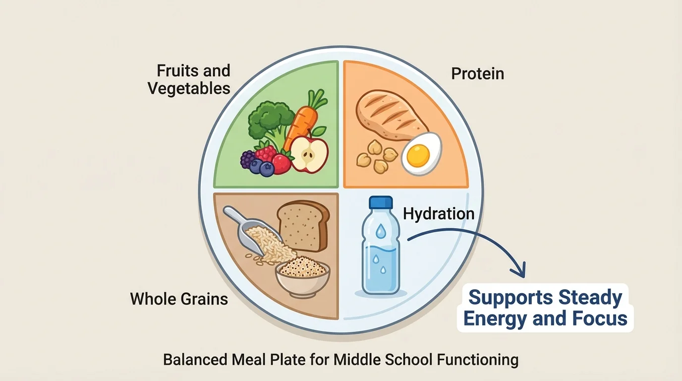 Diagram of a balanced meal plate with sections for fruits or vegetables, protein, whole grains, and a water bottle, with simple labels for steady energy and focus