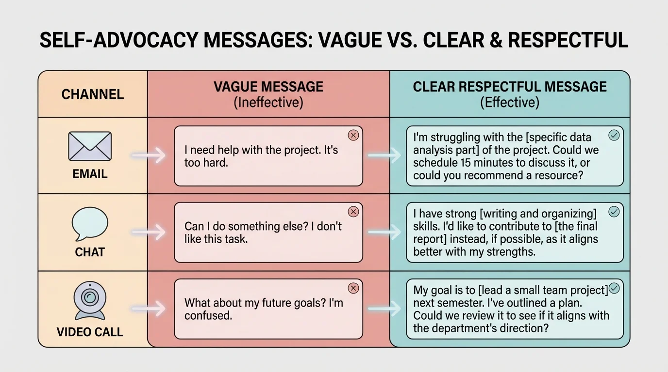 chart comparing vague messages with clear respectful messages for email, chat, and video call situations