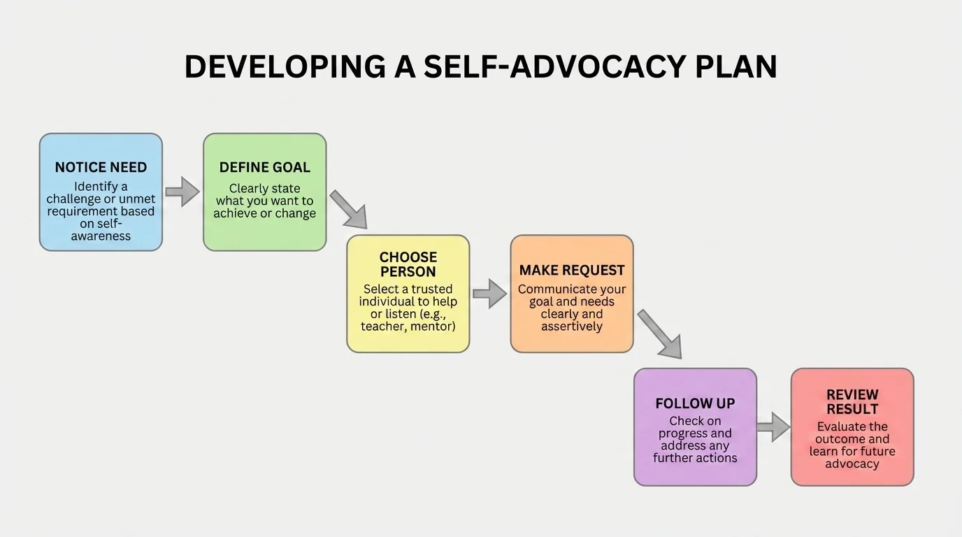 flowchart with boxes labeled notice need, define goal, choose support person, make request, follow up, review result