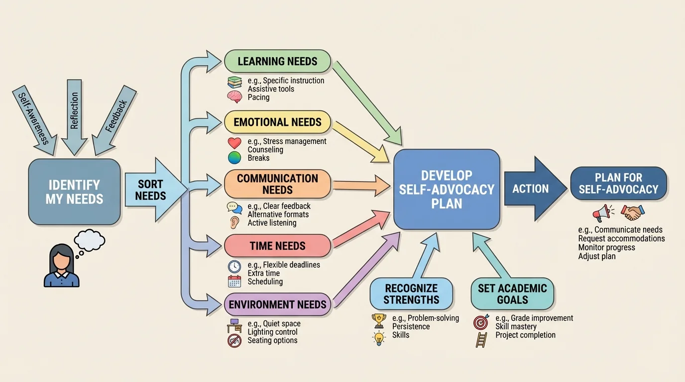 flowchart showing a student sorting needs into learning, emotional, communication, time, and environment categories