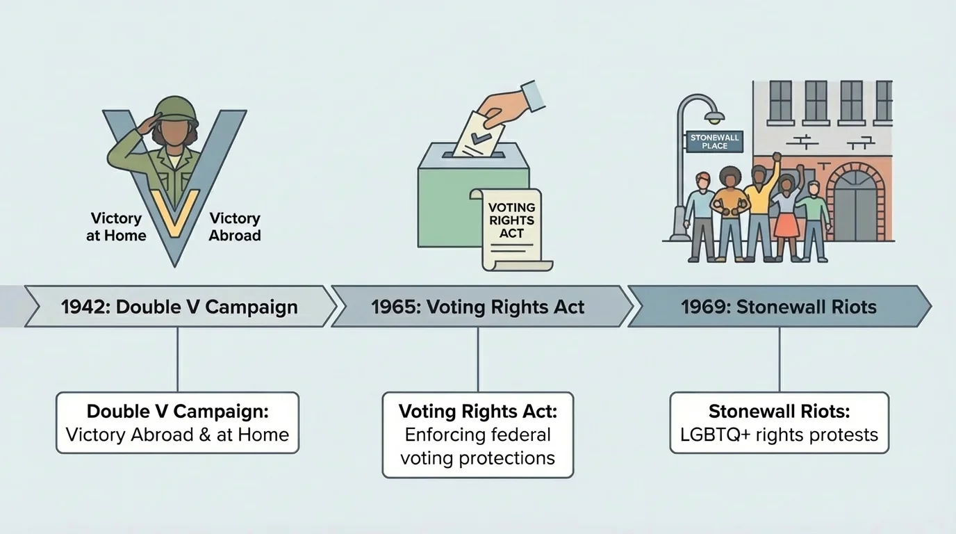 timeline with 1942 Double V Campaign, 1965 Voting Rights Act, 1969 Stonewall Riots, with simple icons for military service, voting rights, and street protest