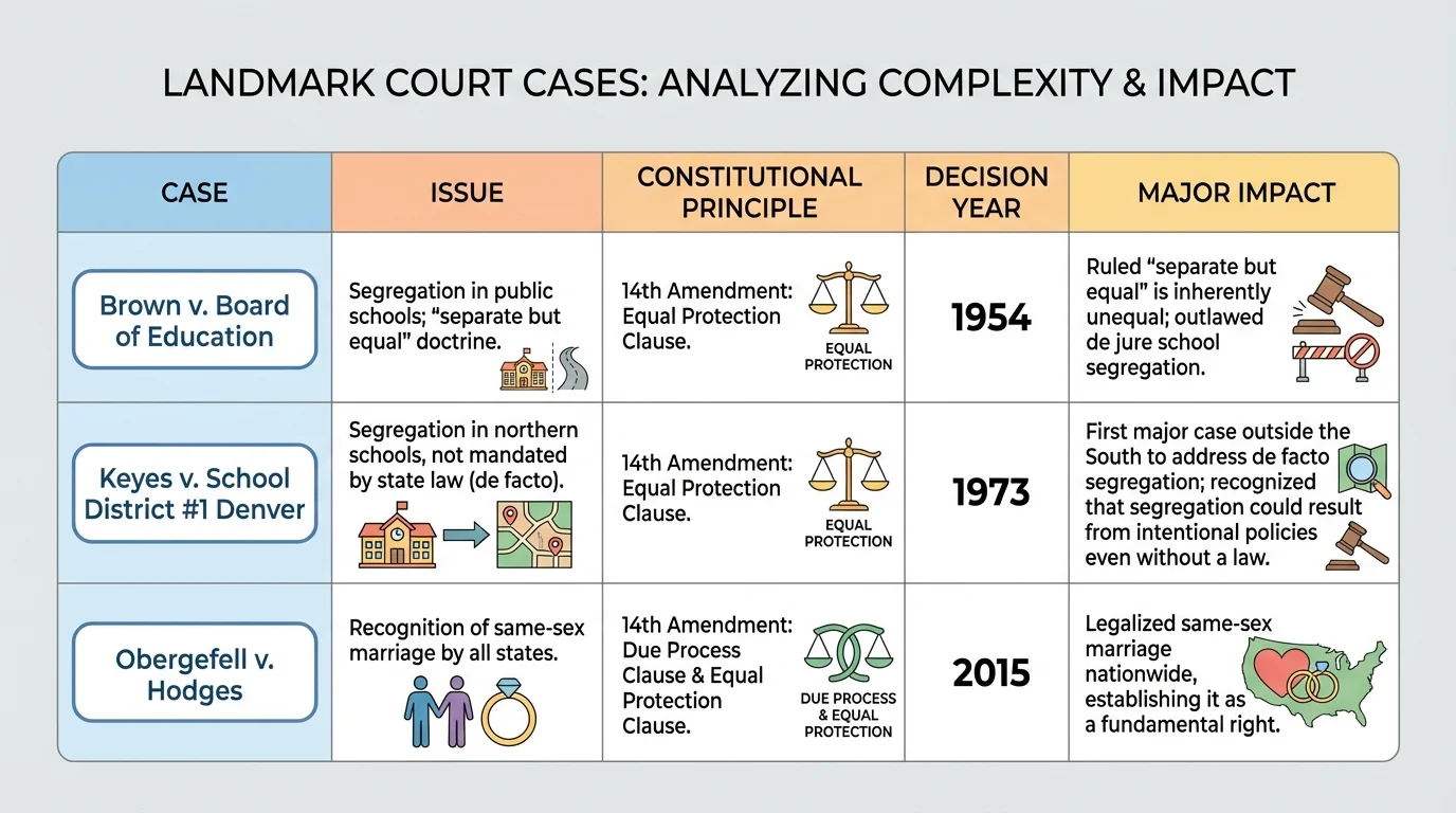 chart comparing Brown v. Board of Education, Keyes v. School District #1 Denver, and Obergefell v. Hodges by issue, constitutional principle, decision year, and major impact