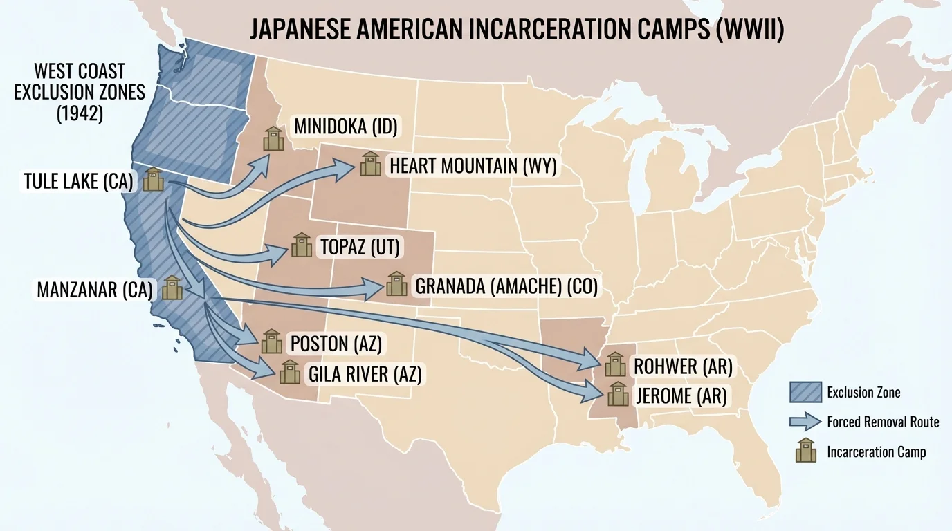 U.S. map highlighting West Coast exclusion zones with arrows leading to major Japanese American incarceration camps such as Manzanar, Tule Lake, and Heart Mountain