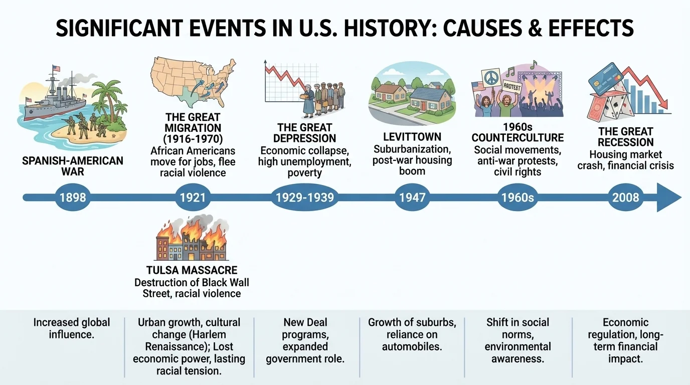 timeline with major U.S. events from 1898 Spanish-American War through the Great Migration, Tulsa Massacre, Great Depression, Levittown, 1960s counterculture, and 2008 Great Recession