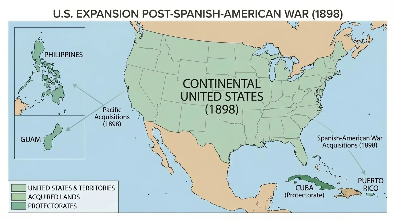 map showing the continental United States, Cuba, Puerto Rico, Guam, and the Philippines to illustrate U.S. expansion after the Spanish-American War