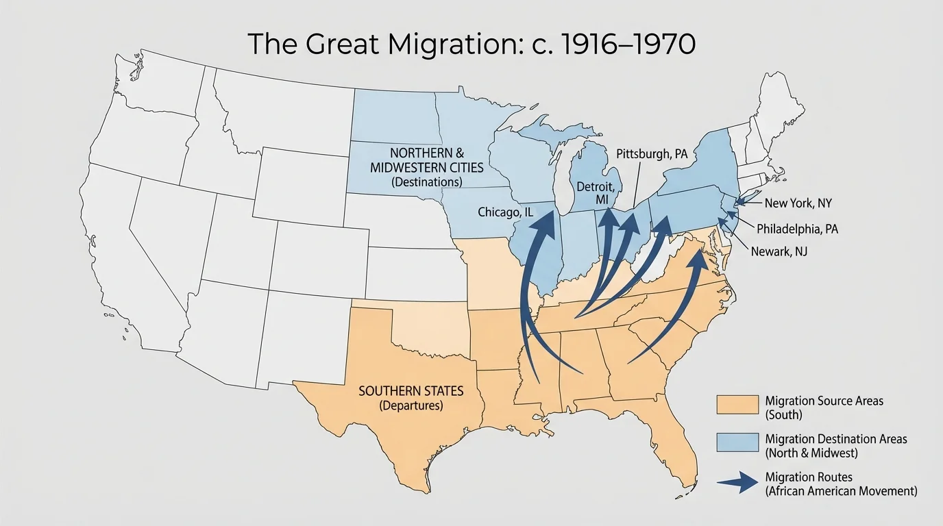 map of the United States with arrows showing African American migration from Southern states to Chicago, Detroit, New York, Philadelphia, and other Northern and Midwestern cities