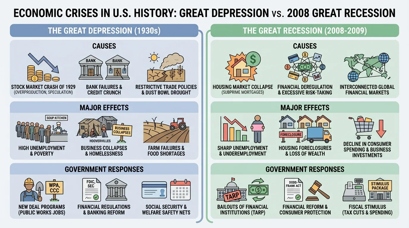 two-column comparison chart of the Great Depression and the 2008 Great Recession showing causes, major effects, and government responses