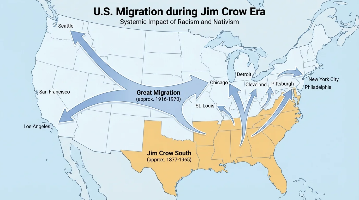 U.S. map highlighting the South under Jim Crow laws with arrows showing the Great Migration from southern states to northern and western cities