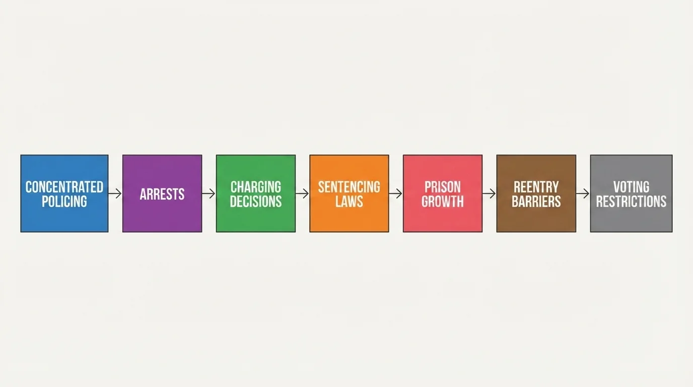 flowchart linking concentrated policing, arrests, charging decisions, sentencing laws, prison growth, reentry barriers, and voting restrictions