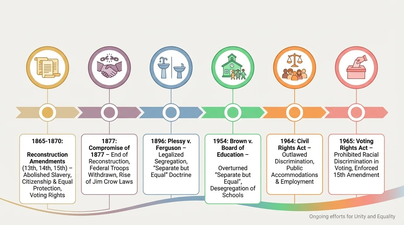 timeline showing Reconstruction amendments, Compromise of 1877, Plessy v. Ferguson, Brown v. Board, Civil Rights Act, and Voting Rights Act as major turning points in equality and citizenship