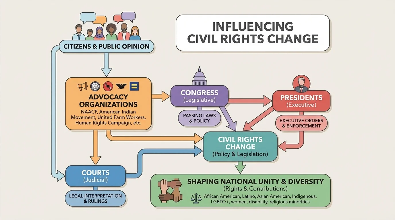 Flowchart showing citizens, advocacy organizations, courts, Congress, presidents, and public opinion influencing civil rights change