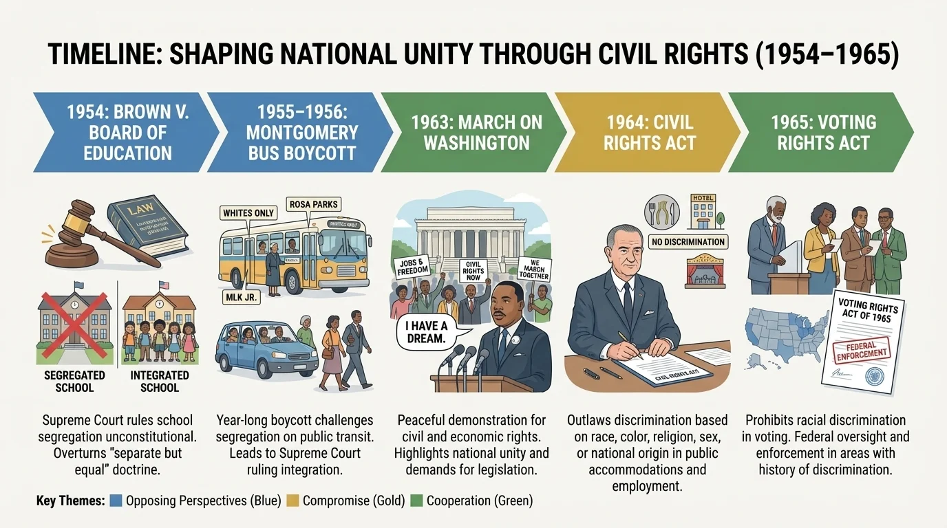 Timeline of Brown v. Board, Montgomery Bus Boycott, March on Washington, Civil Rights Act, and Voting Rights Act